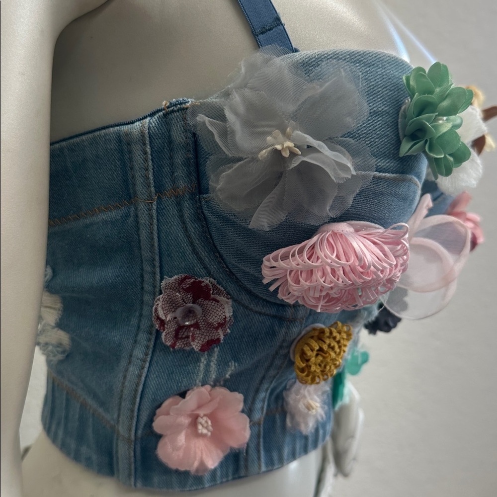 Vintage 90’s Denim Handmade Flowers Corset Camisole Top - Picture 3 of 6